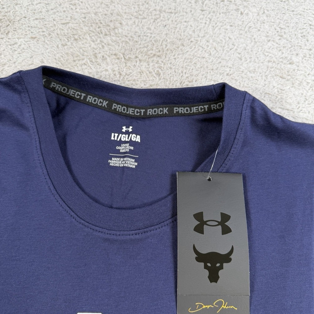 Under Armour Project Rock Tank Mens LT Navy Blue Payoff Sleeveless Top Gym Bull - Picture 2 of 8